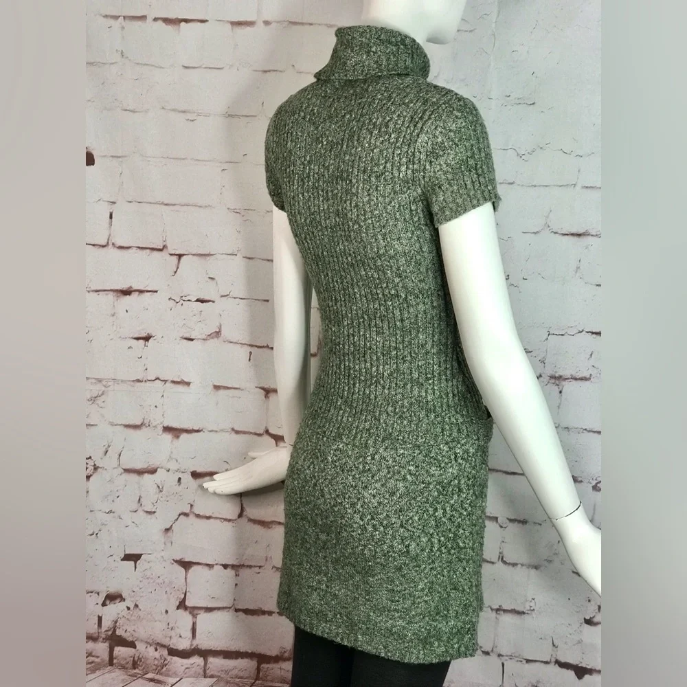 JJ BASICS M Knit Sweater Mini Dress Olive Green Marled Knit Short Sleeve Medium - Picture 4 of 15